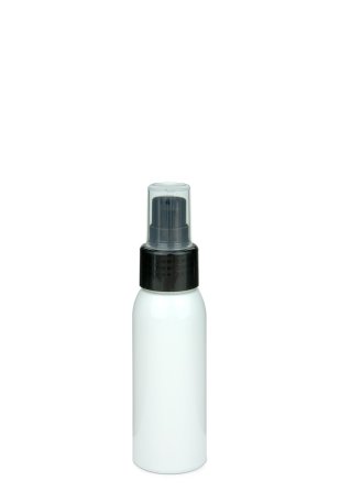 60 ml R-PET-Flasche weiß, Ø 34,3 mm, Lotionpumpe schwarz