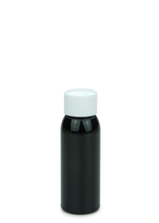 60 ml PET-Flasche schwarz, Ø 34,3 mm, Schraubverschluss mit Spritzeinsatz weiß