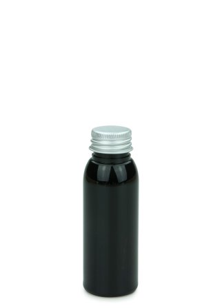60 ml PET-Flasche schwarz, Ø 34,3 mm, Alu-Schraubkappe schwarz