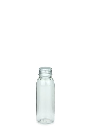 60 ml R-PET-Flasche transparent, Ø 34,3 mm, Alu-Schraubkappe