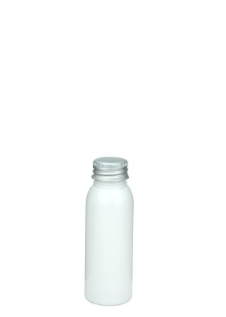 60 ml R-PET-Flasche weiß, Ø 34,3 mm, Alu-Schraubkappe weiß