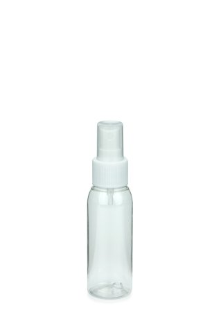 60 ml R-PET-Flasche transparent, Ø 34,3 mm, Sprühzerstäuber weiß, geriffelt