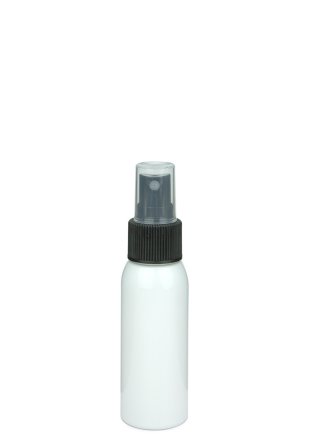 60 ml PET-Flasche weiß, Ø 34,3 mm, Sprühzerstäuber schwarz, geriffelt