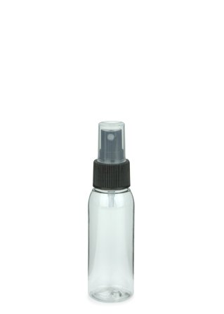 60 ml R-PET-Flasche transparent, Ø 34,3 mm, Sprühzerstäuber schwarz, geriffelt