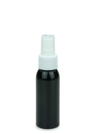 60 ml PET-Flasche schwarz, Ø 34,3 mm, Sprühzerstäuber weiß, geriffelt