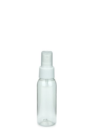 60 ml R-PET-Flasche transparent, Ø 34,3 mm, Sprühzerstäuber weiß