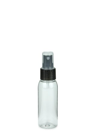 60 ml R-PET-Flasche transparent, Ø 34,3 mm, Sprühzerstäuber schwarz