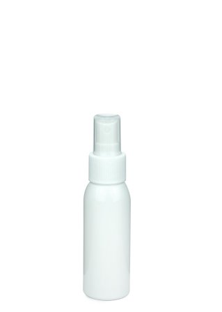 60 ml R-PET-Flasche weiß, Ø 34,3 mm, Sprühzerstäuber weiß, geriffelt