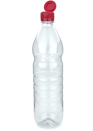1000 ml PET-Speiseöl-Flasche transparent, Ø 78,0 mm, Verschluss rot