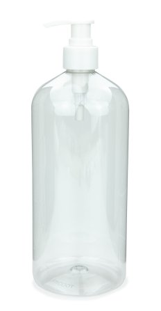 1000 ml R-PET-Flasche transparent, Ø 87,0 mm, Seifenpumpe weiß