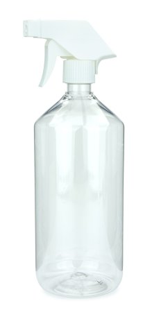 1000 ml PET-Flasche transparent, Ø 88,5 mm, Trigger-Sprühpistole, Einzelmodus weiß, geriffelt