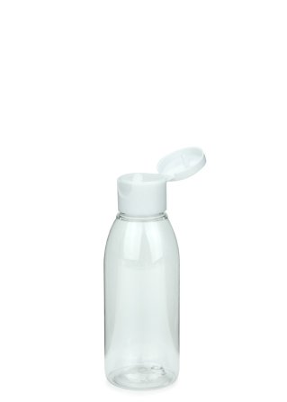 100 ml R-PET-Flasche transparent, Ø 41,9 mm, Klappverschluss weiß