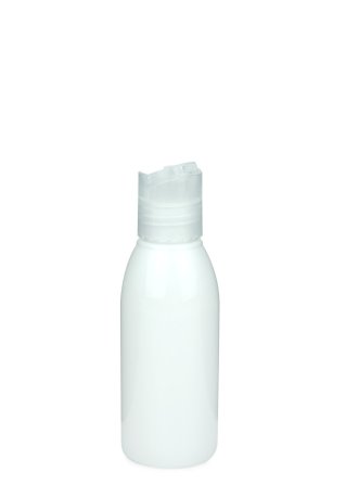 100 ml R-PET-Flasche weiß, Ø 41,9 mm, Disc-Top-Verschluss transparent