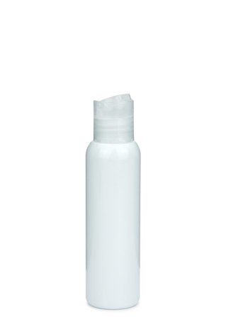 100 ml R-PET-Flasche weiß, Ø 37,1 mm, Disc-Top-Verschluss transparent