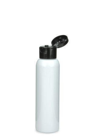 100 ml R-PET-Flasche weiß, Ø 37,1 mm, Klappverschluss schwarz