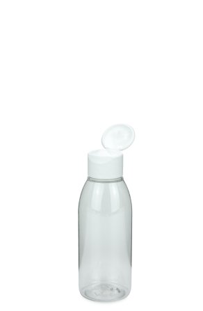 100 ml PET-Flasche transparent, Ø 41,9 mm, Klappverschluss, Softline matt weiß