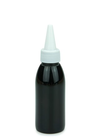 100 ml PET-Dosierflasche schwarz, Ø 41,9 mm, Schraubkappe weiß