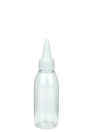 100 ml R-PET-Dosierflasche transparent, Ø 41,9 mm, Schraubkappe weiß