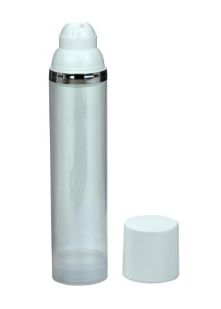 100 ml Airless Spender - Medio - klar, Kopf weiß/silber, Kappe weiß - Self Closing