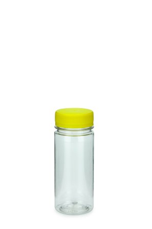 100 ml PET-Weithals-Smoothie-Flasche transparent, Ø 42,0 mm, Verschluss gelb