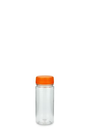 100 ml PET-Weithals-Smoothie-Flasche transparent, Ø 42,0 mm, Verschluss orange