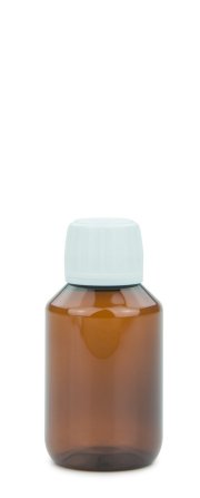 100 ml PET-Laborflasche Spritzeinsatz braun, Ø 47,8 mm, Verschluss weiß