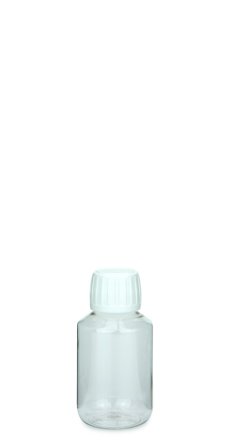 100 ml PET-Laborflasche Spritzeinsatz transparent, Ø 47,8 mm, Verschluss weiß