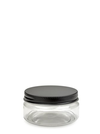100 ml PET-Classic Tiegel klar (70/400) – Alu-Deckel schwarz-silber, matt, EPE-Einlage