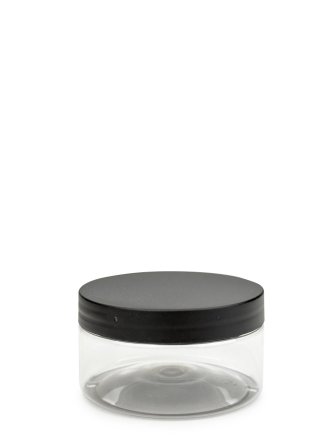 100 ml PET-Cylindrical Zylinderdose klar (70/400) – Deckel schwarz, matt, EPE-Einlage