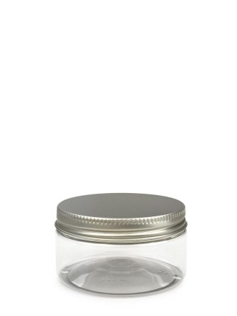 100 ml PET-Cylindrical Zylinderdose klar (70/400) – Alu-Deckel silber, glänzend, EPE-Einlage