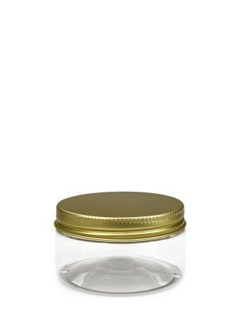 100 ml PET-Cylindrical Zylinderdose klar (70/400) – Alu-Deckel gold, matt, EPE-Einlage