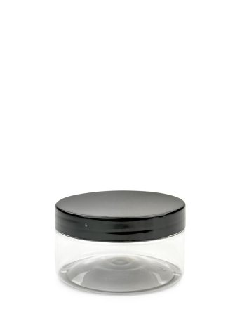 100 ml PET-Cylindrical Zylinderdose klar (70/400) – Deckel schwarz, glänzend, Dichtkonus
