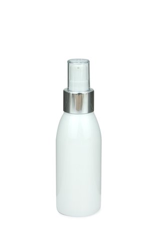 100 ml R-PET-Flasche weiß, Ø 41,9 mm, Lotionpumpe weiß/Metall