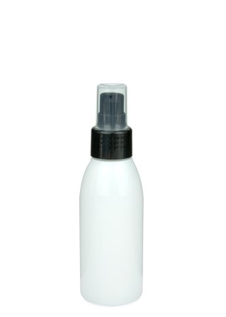 100 ml R-PET-Flasche weiß, Ø 41,9 mm, Lotionpumpe schwarz