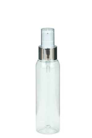 100 ml R-PET-Flasche transparent, Ø 42,2 mm, Lotionpumpe weiß/Metall