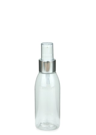 100 ml PET-Flasche transparent, Ø 41,9 mm, Lotionpumpe weiß/Metall