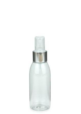 100 ml PET-Flasche transparent, Ø 41,9 mm, Sprühzerstäuber, Luxury-Ausführung natur/Metall