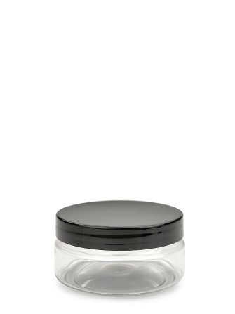 100 ml R-PET-Classic Tiegel klar (70/400) – Deckel schwarz, glänzend, Induktionssiegel