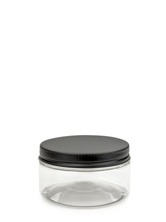 100 ml R-PET-Cylindrical Zylinderdose klar (70/400) – Alu-Deckel schwarz-silber, matt, EPE-Einlage