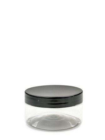 100 ml R-PET-Cylindrical Zylinderdose klar (70/400) – Deckel schwarz, glänzend, Dichtkonus
