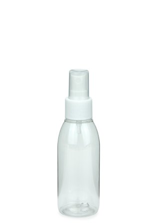 100 ml R-PET-Flasche transparent, Ø 41,9 mm, Sprühzerstäuber weiß, geriffelt