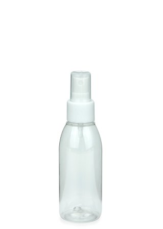 100 ml R-PET-Flasche transparent, Ø 41,9 mm, Sprühzerstäuber weiß