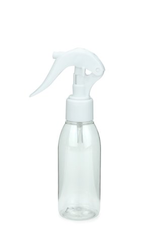 100 ml R-PET-Flasche transparent, Ø 41,9 mm, Mini-Trigger-Sprühzerstäuber weiß, glatt