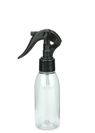 100 ml R-PET-Flasche transparent, Ø 41,9 mm, Mini-Trigger-Sprühzerstäuber schwarz, glatt