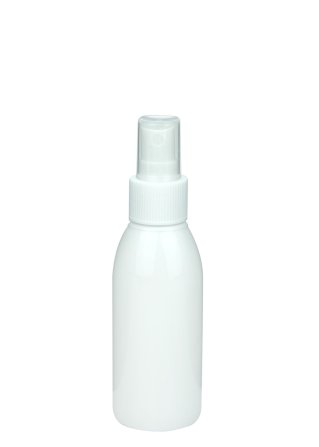 100 ml R-PET-Flasche weiß, Ø 41,9 mm, Sprühzerstäuber weiß, geriffelt
