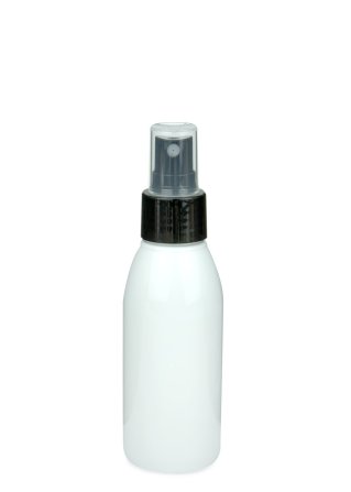 100 ml R-PET-Flasche weiß, Ø 41,9 mm, Sprühzerstäuber schwarz