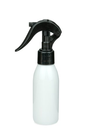 100 ml R-PET-Flasche weiß, Ø 41,9 mm, Mini-Trigger-Sprühzerstäuber schwarz, glatt