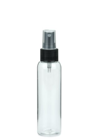 100 ml PET-Flasche transparent, Ø 37,1 mm, Sprühzerstäuber schwarz, geriffelt