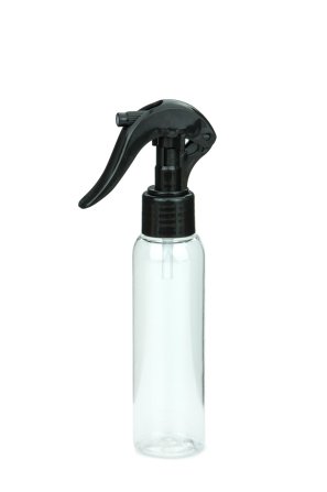 100 ml R-PET-Flasche transparent, Ø 37,1 mm, Mini-Trigger-Sprühzerstäuber schwarz, glatt