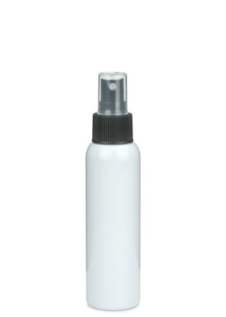 100 ml R-PET-Flasche weiß, Ø 37,1 mm, Sprühzerstäuber schwarz, geriffelt